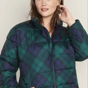 Old Navy Women's Blue and Green Plaid Puffer Jacket